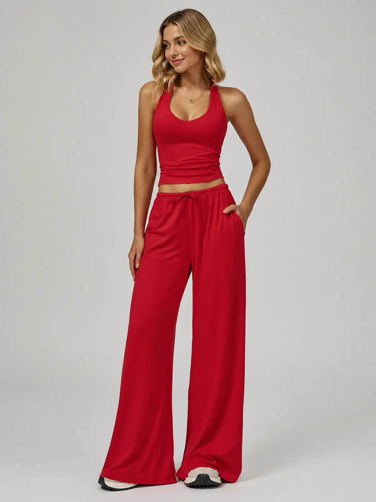 Tide Note Full-Length Drawstring Wide-Leg Pants — bright red — authoritative variation match