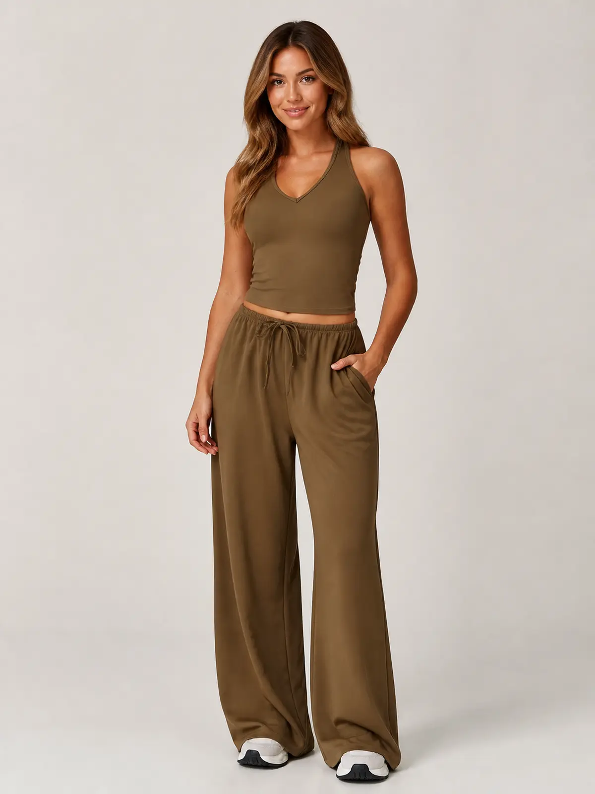 Tide Note Full-Length Drawstring Wide-Leg Pants — brown — authoritative variation match