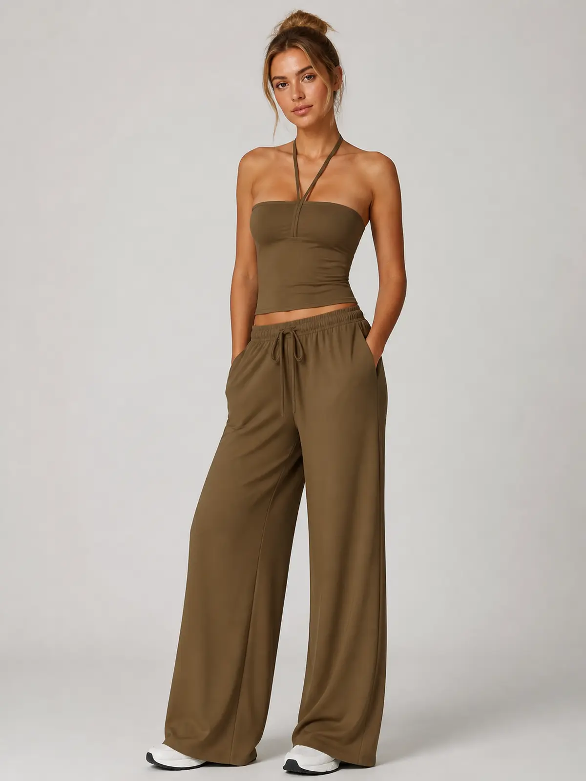 Tide Note Full-Length Drawstring Wide-Leg Pants — brown — authoritative variation match