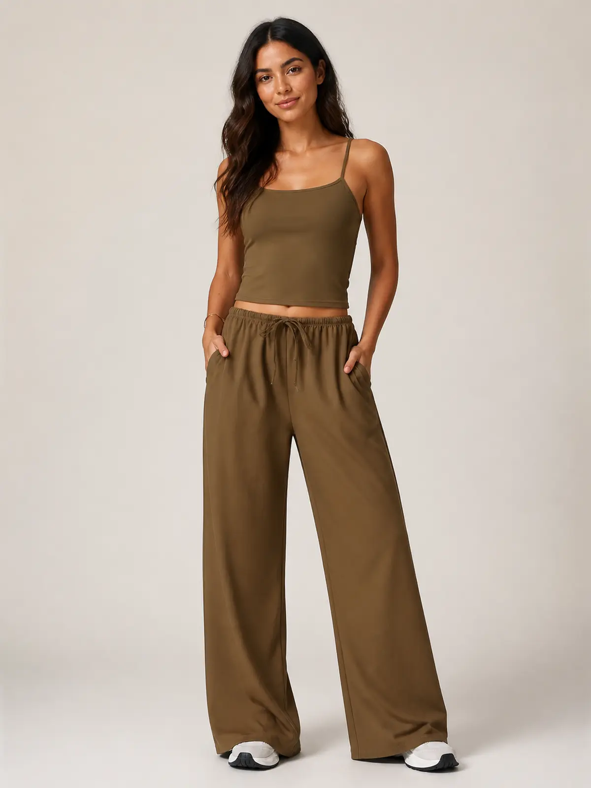 Tide Note Full-Length Drawstring Wide-Leg Pants — brown — authoritative variation match