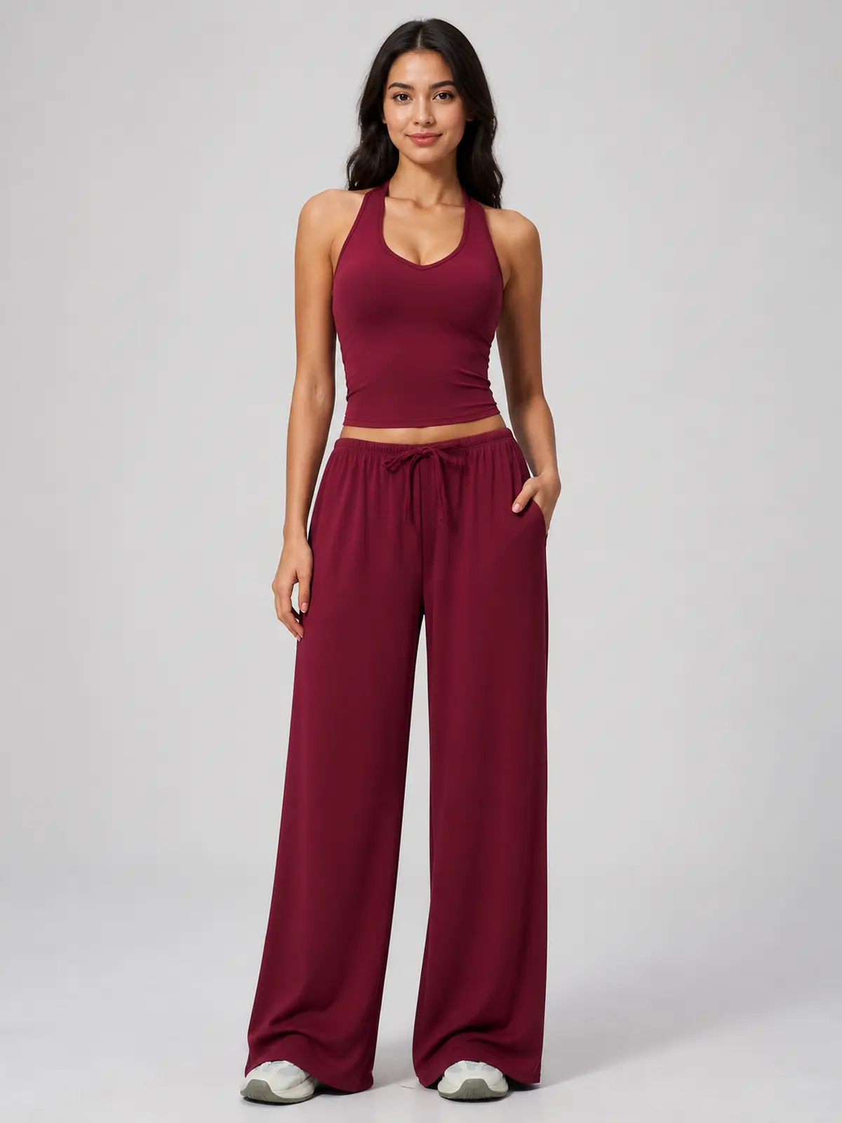 Tide Note Full-Length Drawstring Wide-Leg Pants — burgundy — authoritative variation match