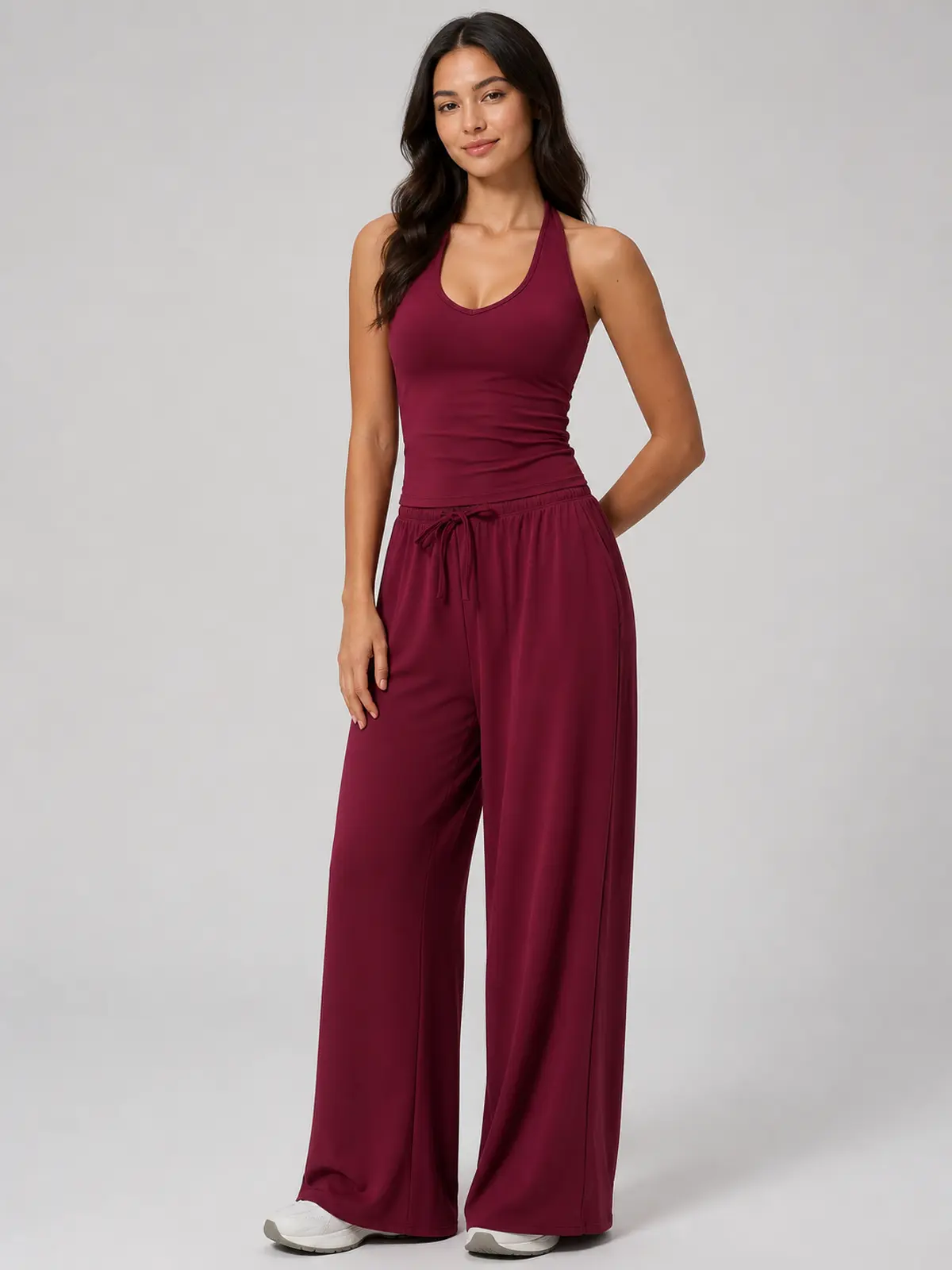 Tide Note Full-Length Drawstring Wide-Leg Pants — burgundy — authoritative variation match