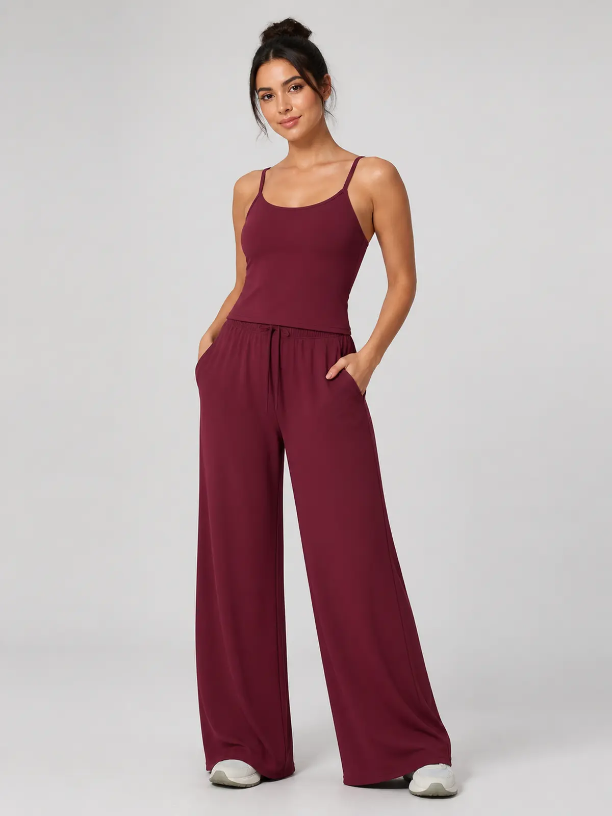 Tide Note Full-Length Drawstring Wide-Leg Pants — burgundy — authoritative variation match