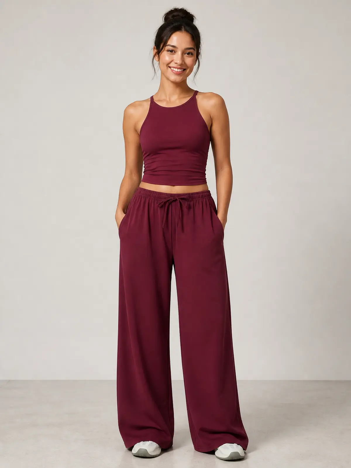 Tide Note Full-Length Drawstring Wide-Leg Pants — burgundy — authoritative variation match