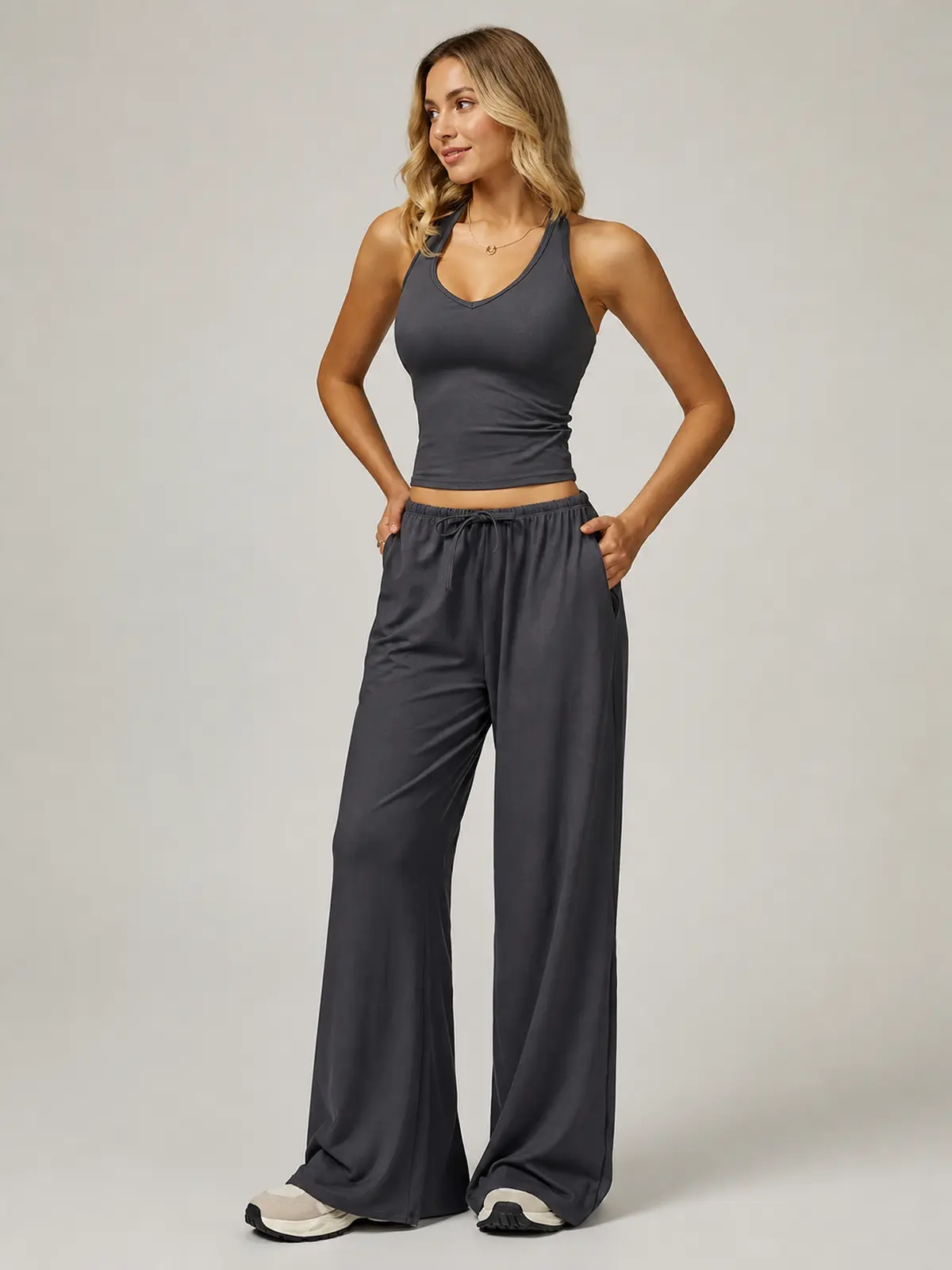 Tide Note Full-Length Drawstring Wide-Leg Pants — dark charcoal green — assigned human anchor cluster