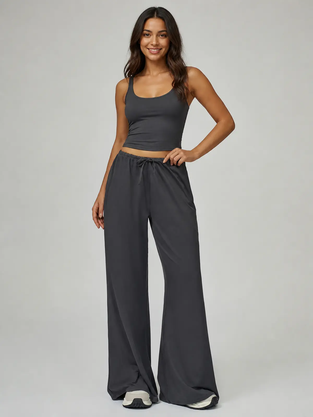 Tide Note Full-Length Drawstring Wide-Leg Pants — dark charcoal green — authoritative variation match