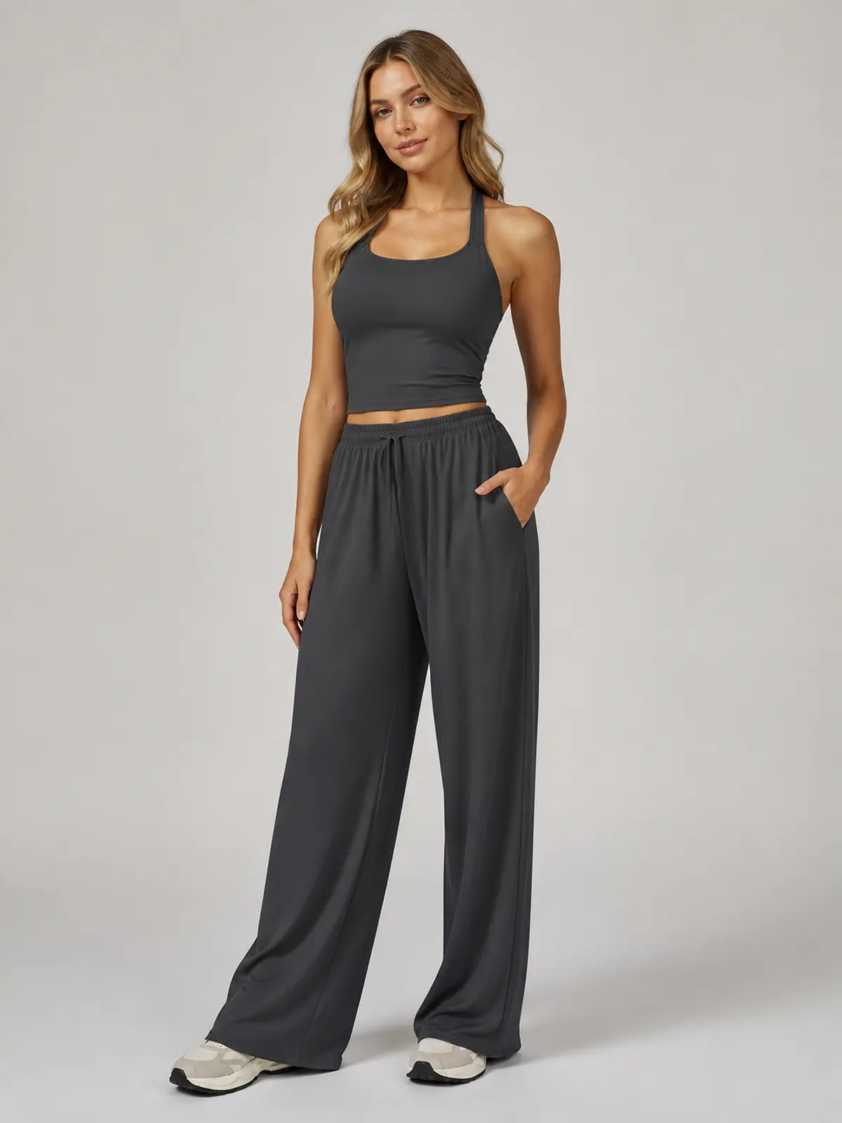 Tide Note Full-Length Drawstring Wide-Leg Pants — dark charcoal green — authoritative variation match