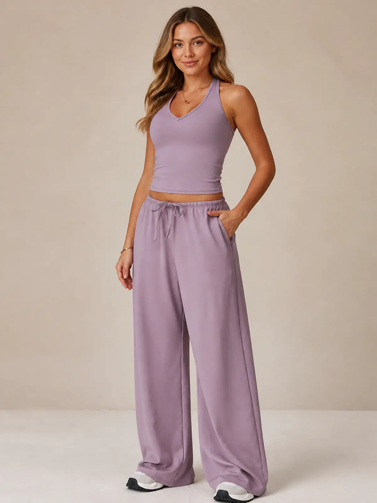 Tide Note Full-Length Drawstring Wide-Leg Pants — dusty lavender — authoritative variation match