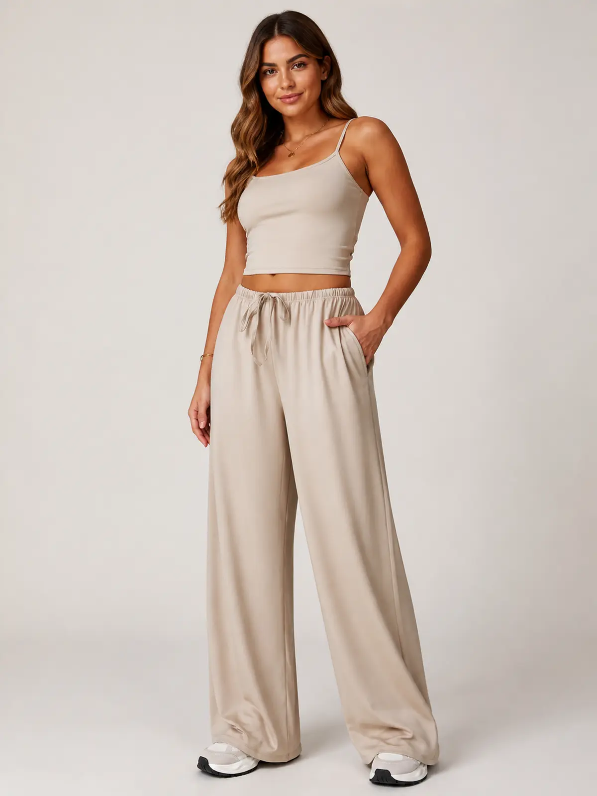 Tide Note Full-Length Drawstring Wide-Leg Pants — light beige — authoritative variation match