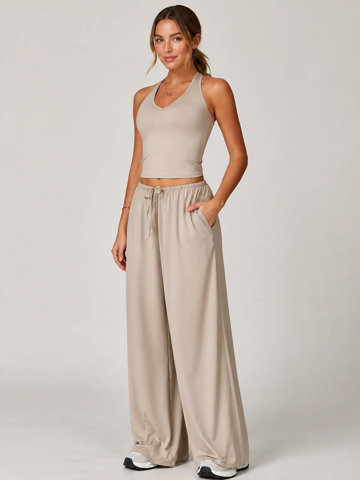 Tide Note Full-Length Drawstring Wide-Leg Pants — light beige — authoritative variation match