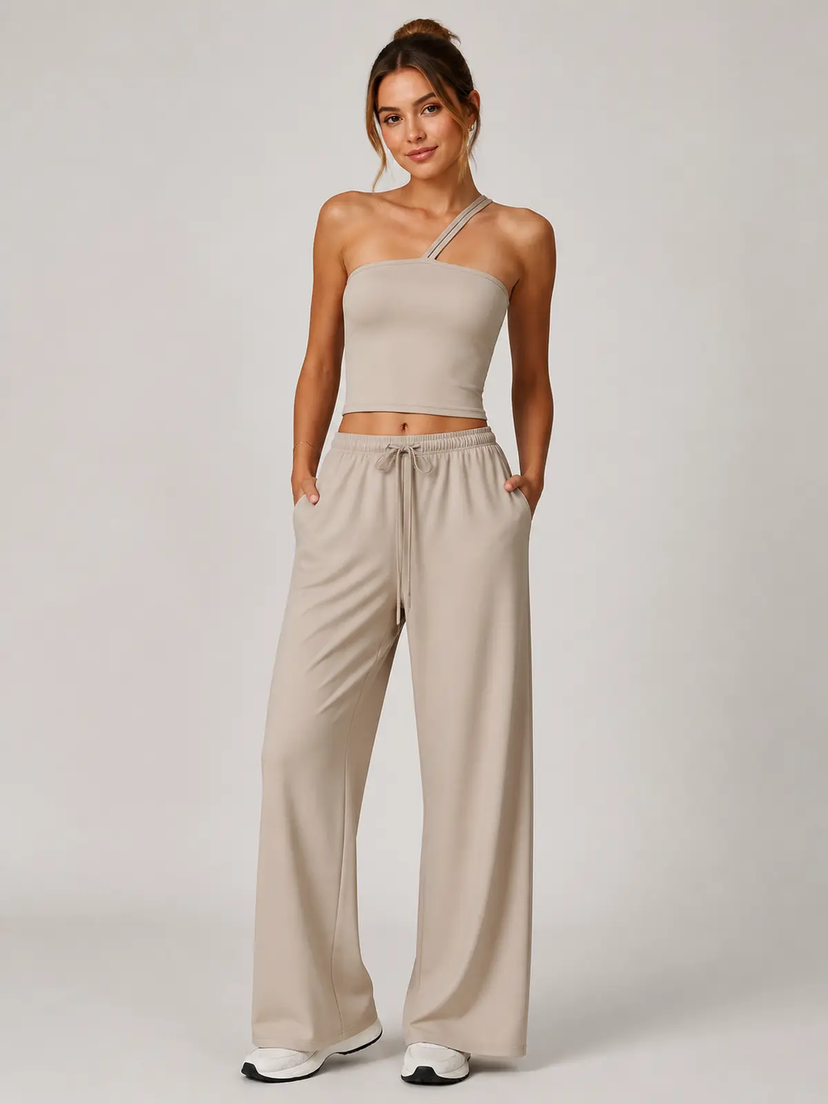 Tide Note Full-Length Drawstring Wide-Leg Pants — light beige — authoritative variation match
