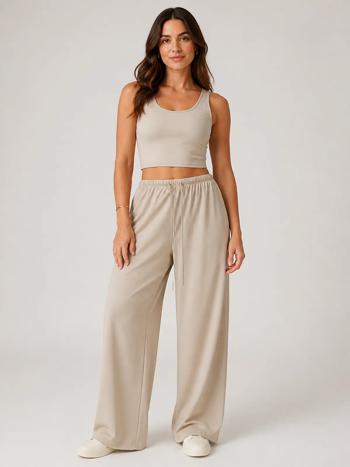 Tide Note Full-Length Drawstring Wide-Leg Pants — light beige — authoritative variation match