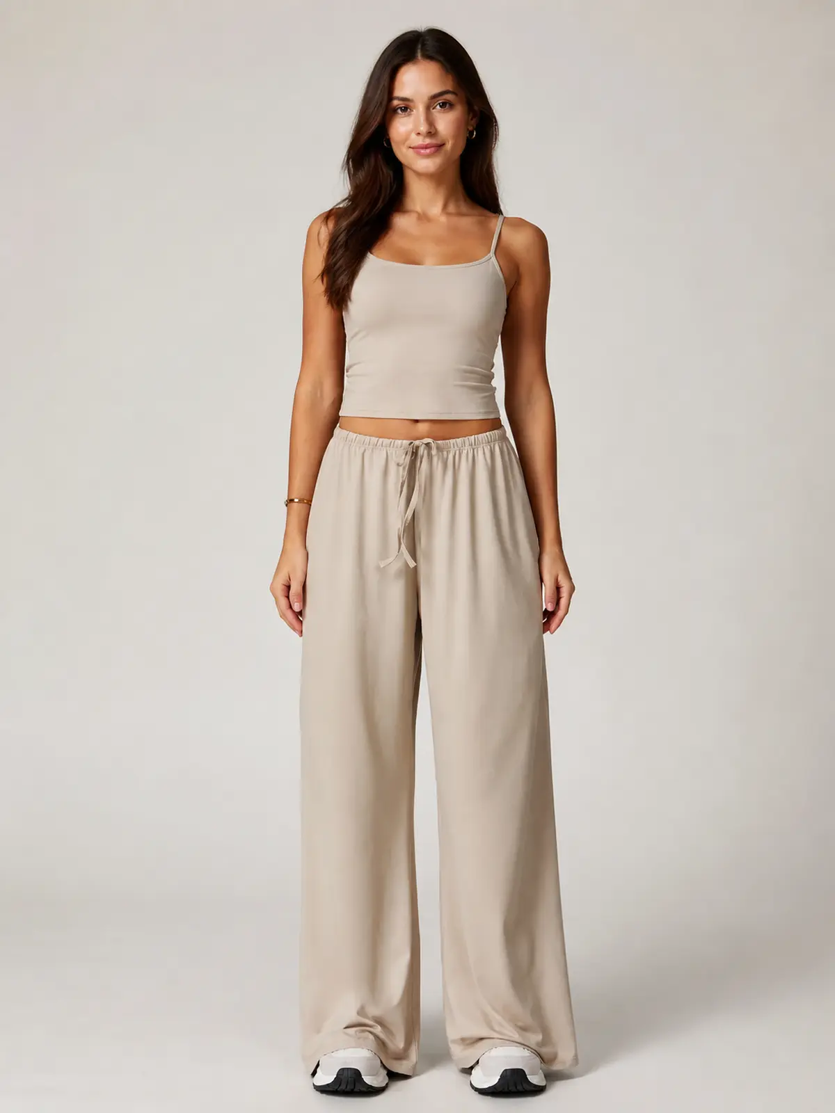 Tide Note Full-Length Drawstring Wide-Leg Pants — light beige — authoritative variation match
