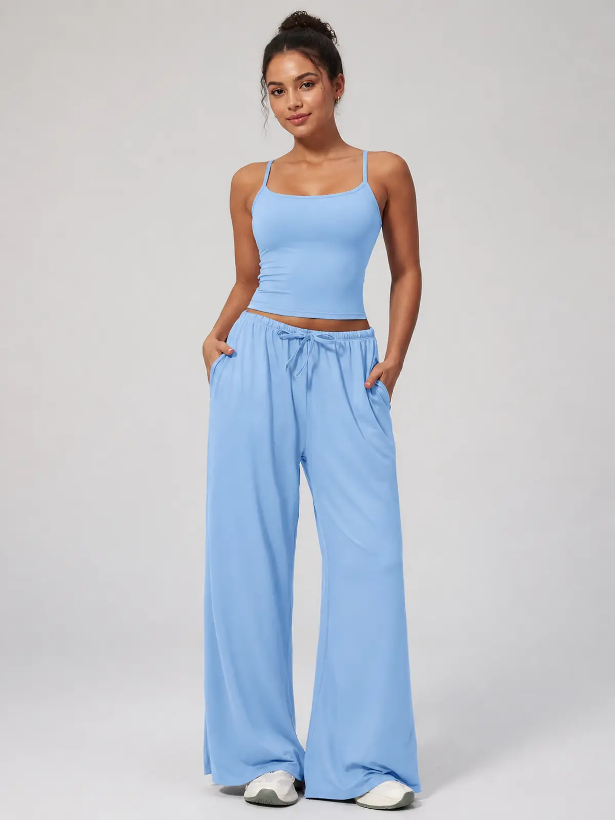 Tide Note Full-Length Drawstring Wide-Leg Pants — light sky blue — authoritative variation match
