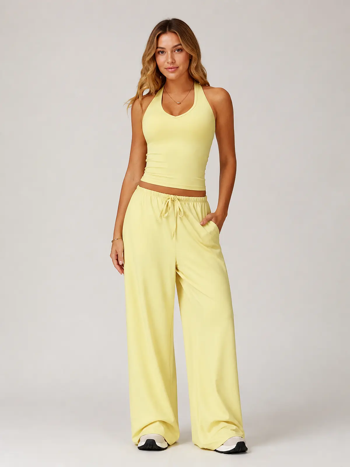 Tide Note Full-Length Drawstring Wide-Leg Pants — light yellow — authoritative variation match