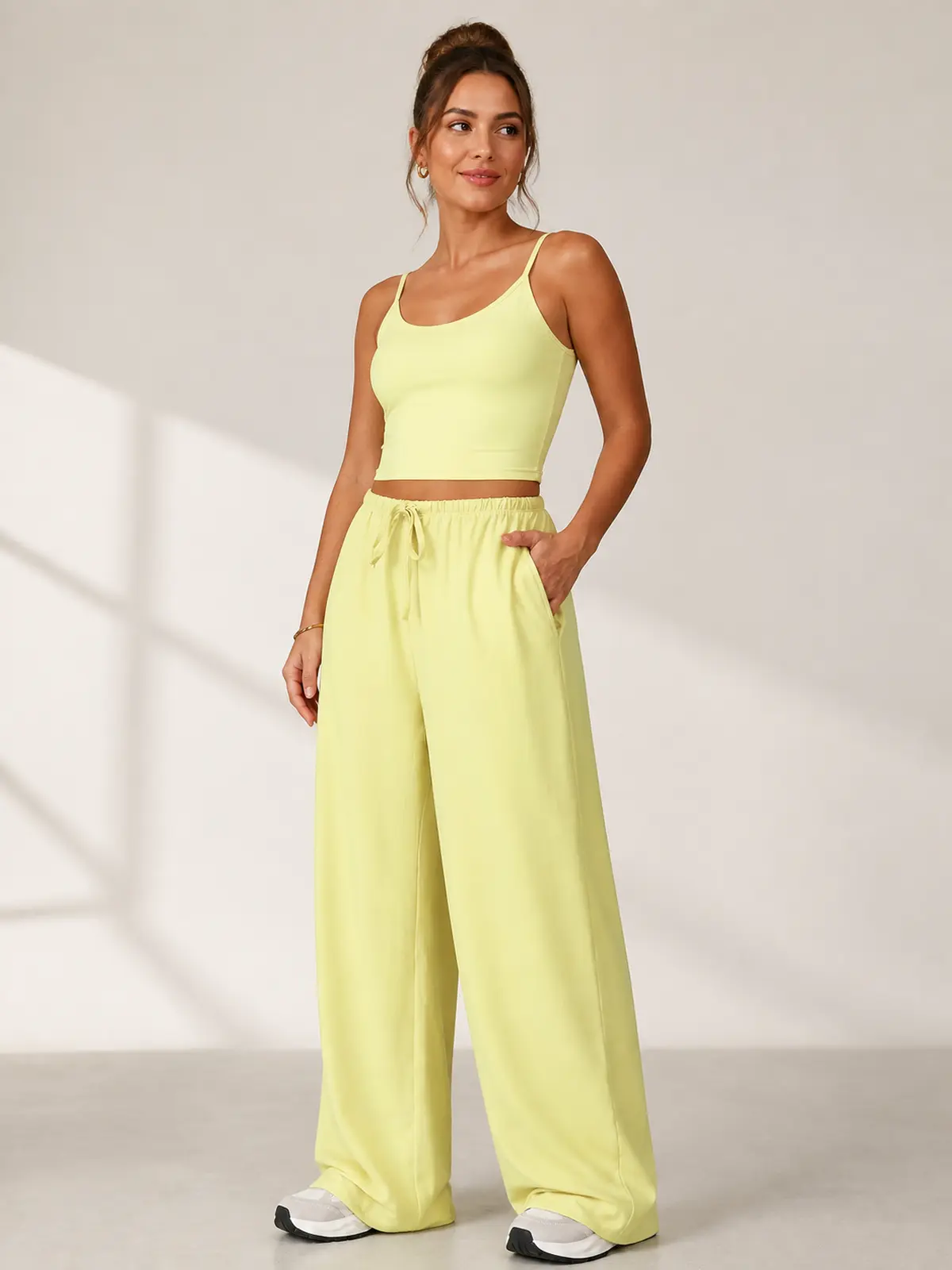 Tide Note Full-Length Drawstring Wide-Leg Pants — light yellow — authoritative variation match
