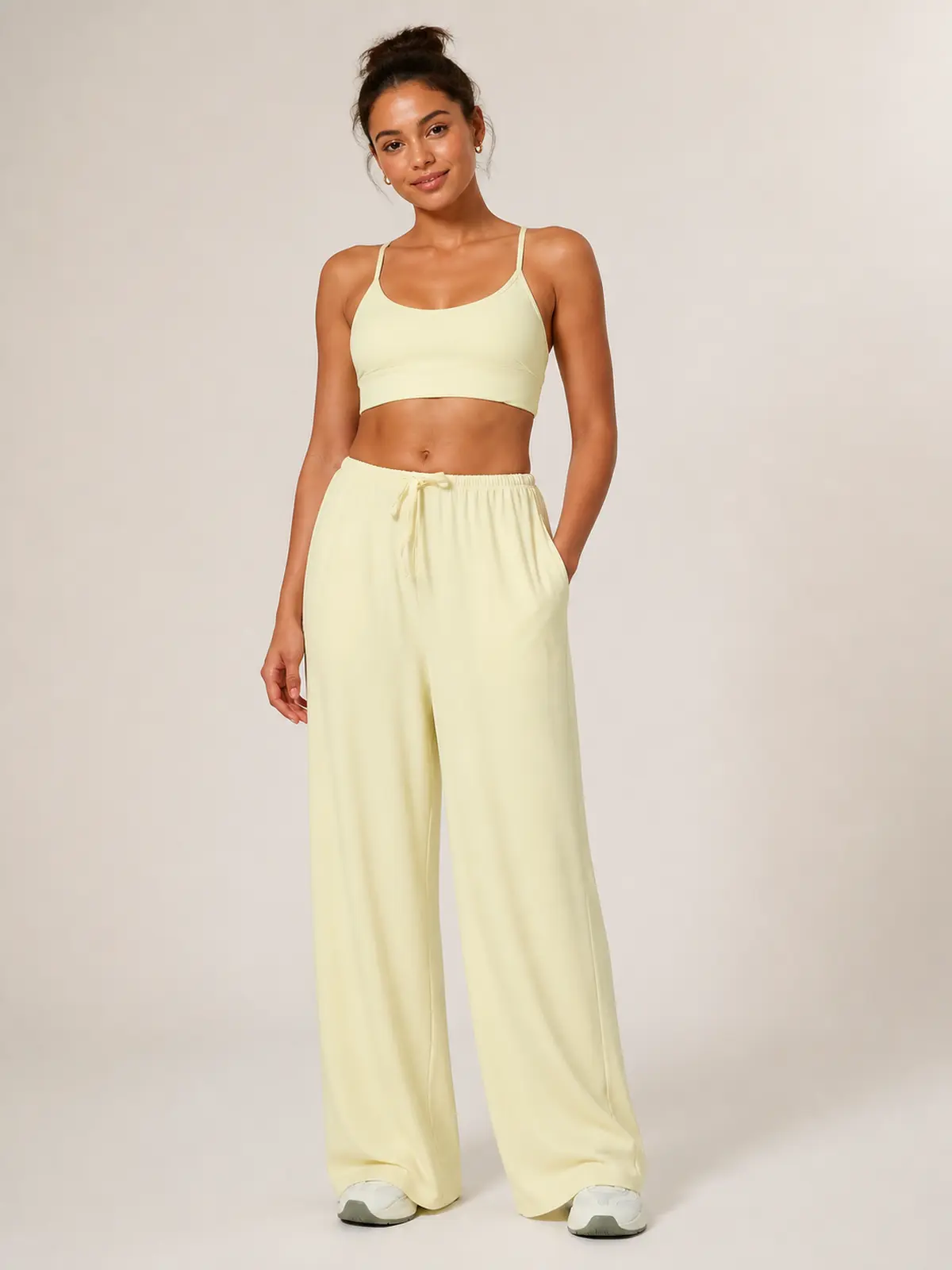 Tide Note Full-Length Drawstring Wide-Leg Pants — pale creamy yellow — authoritative variation match