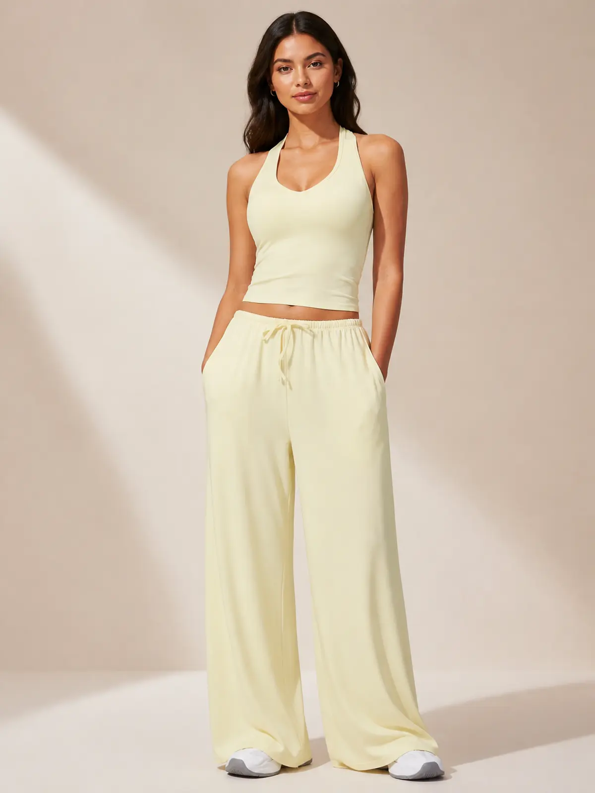Tide Note Full-Length Drawstring Wide-Leg Pants — pale creamy yellow — authoritative variation match