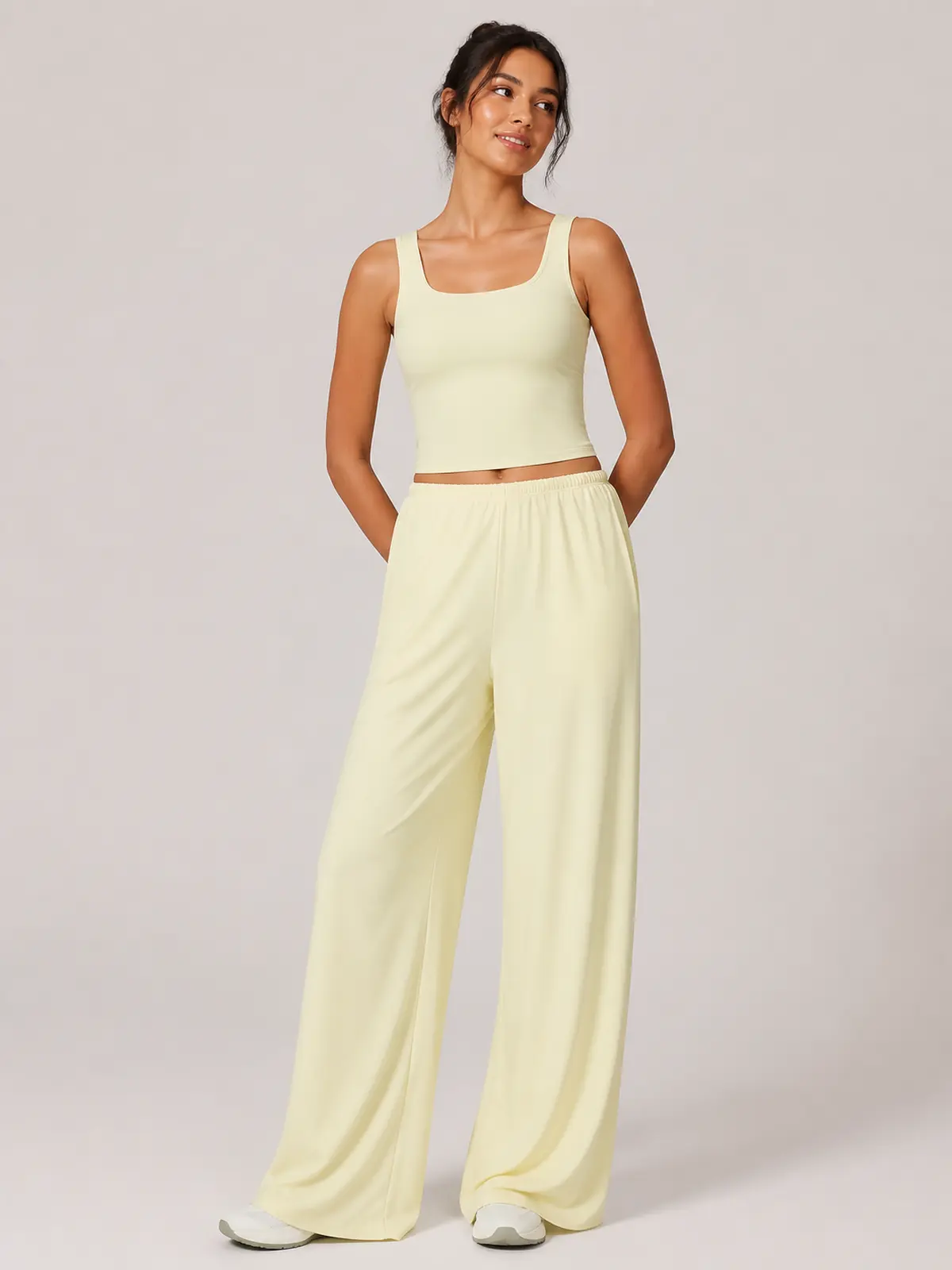 Tide Note Full-Length Drawstring Wide-Leg Pants — pale creamy yellow — authoritative variation match