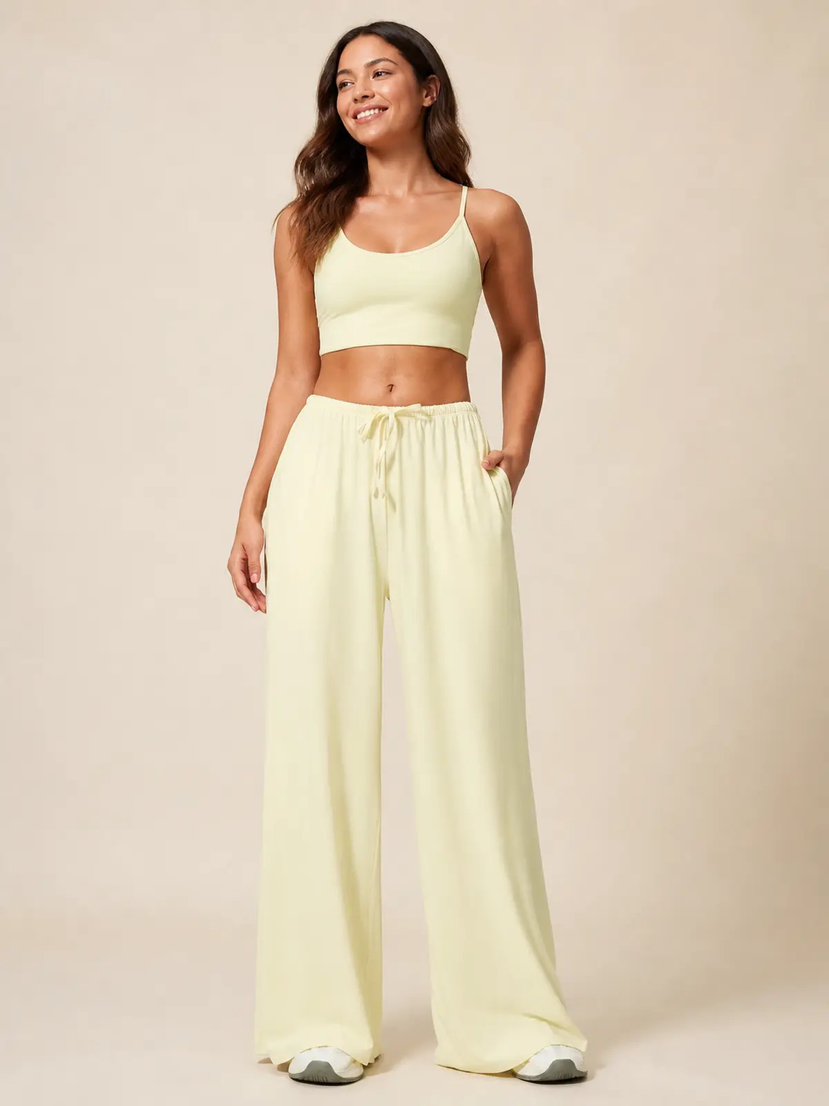 Tide Note Full-Length Drawstring Wide-Leg Pants — pale creamy yellow — authoritative variation match