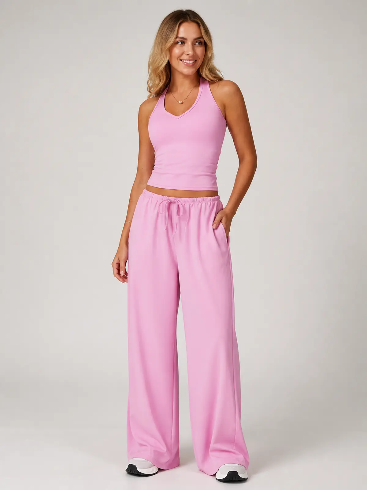 Tide Note Full-Length Drawstring Wide-Leg Pants — rose pink — authoritative variation match