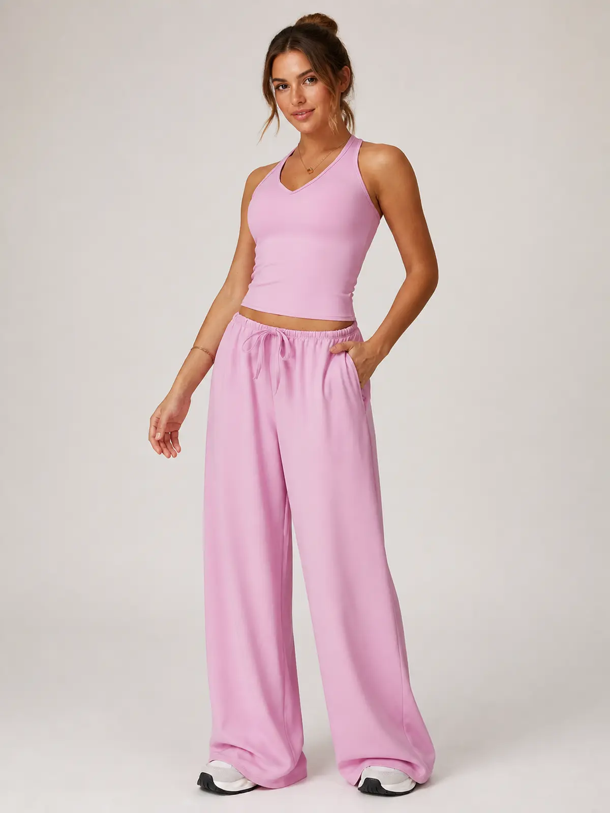 Tide Note Full-Length Drawstring Wide-Leg Pants — rose pink — authoritative variation match