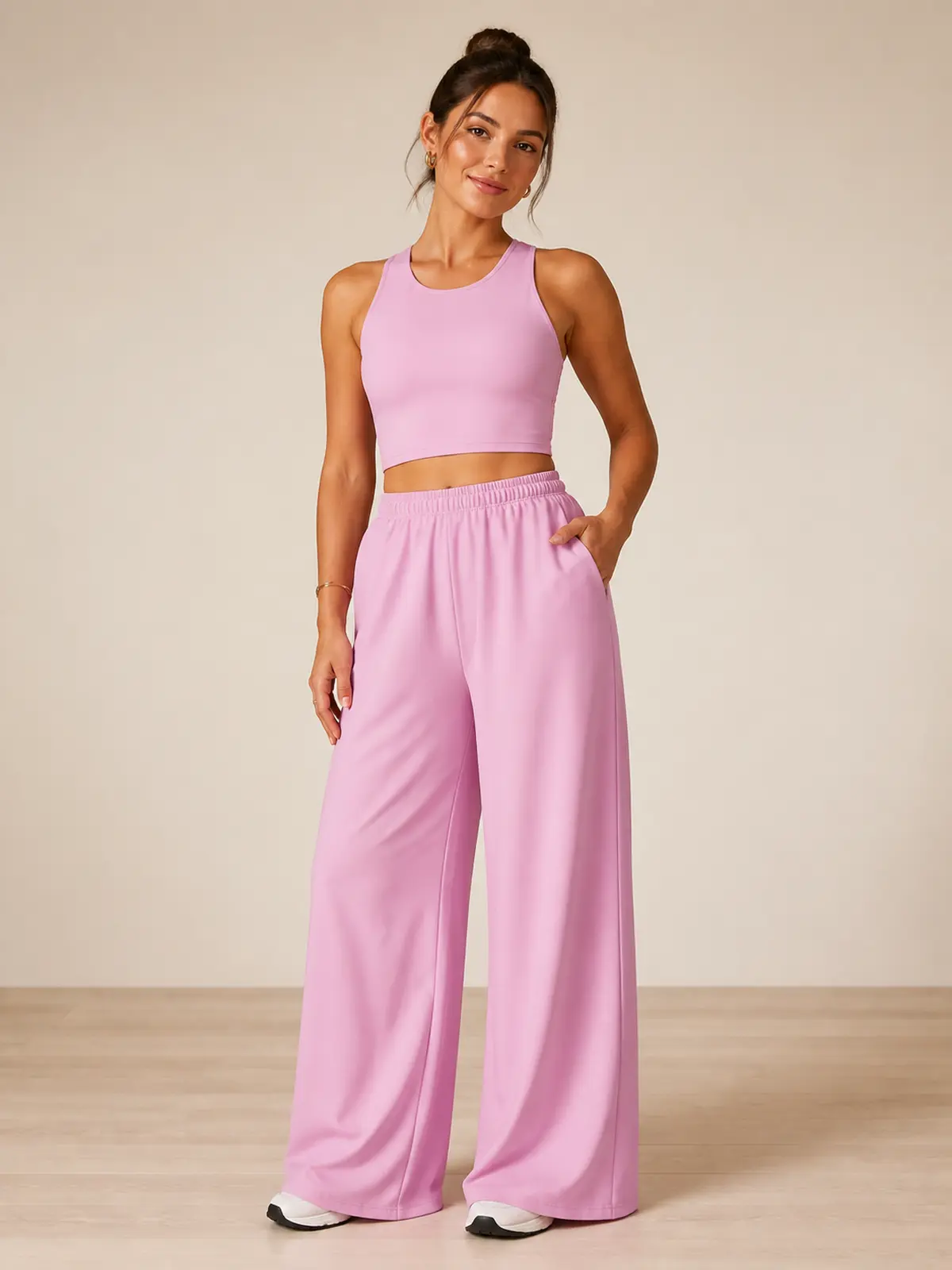 Tide Note Full-Length Drawstring Wide-Leg Pants — rose pink — authoritative variation match