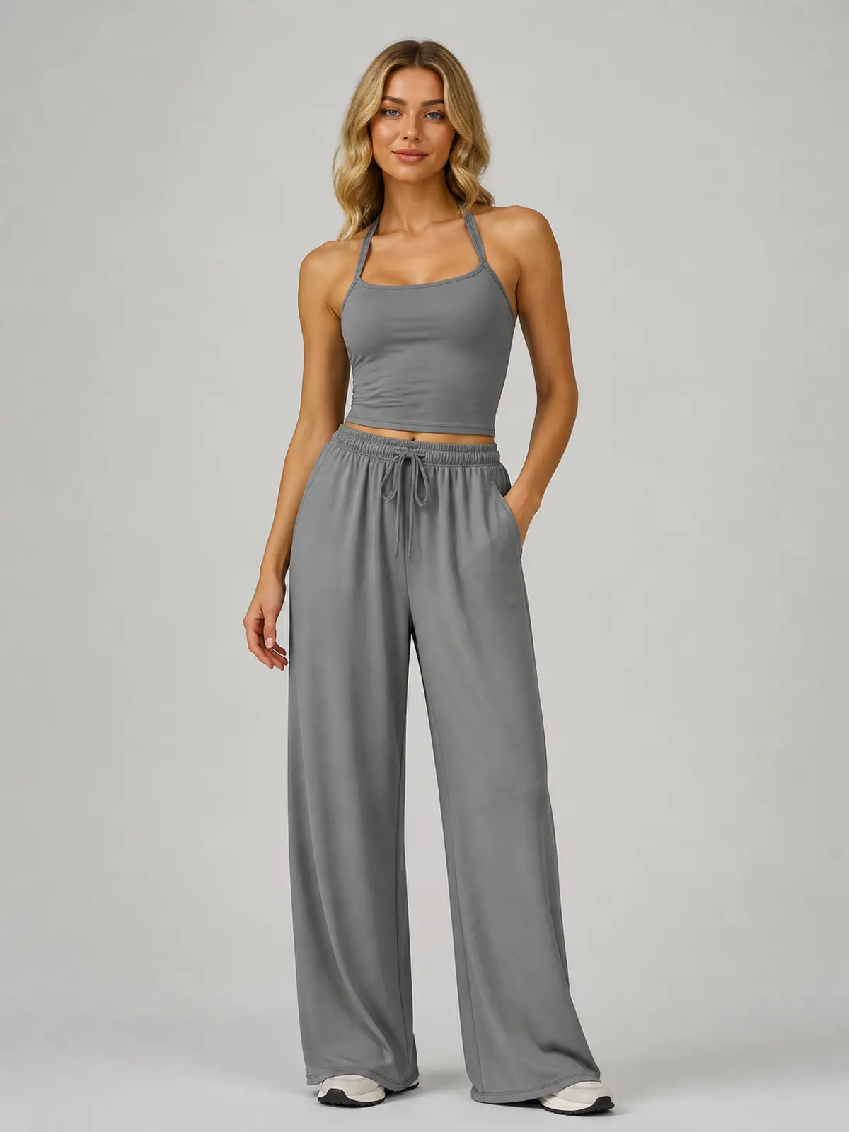 Tide Note Full-Length Drawstring Wide-Leg Pants — smoke gray — authoritative variation match