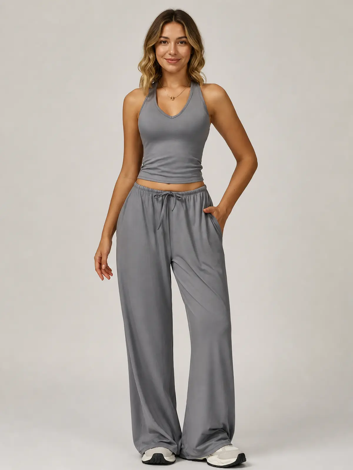 Tide Note Full-Length Drawstring Wide-Leg Pants — smoke gray — authoritative variation match