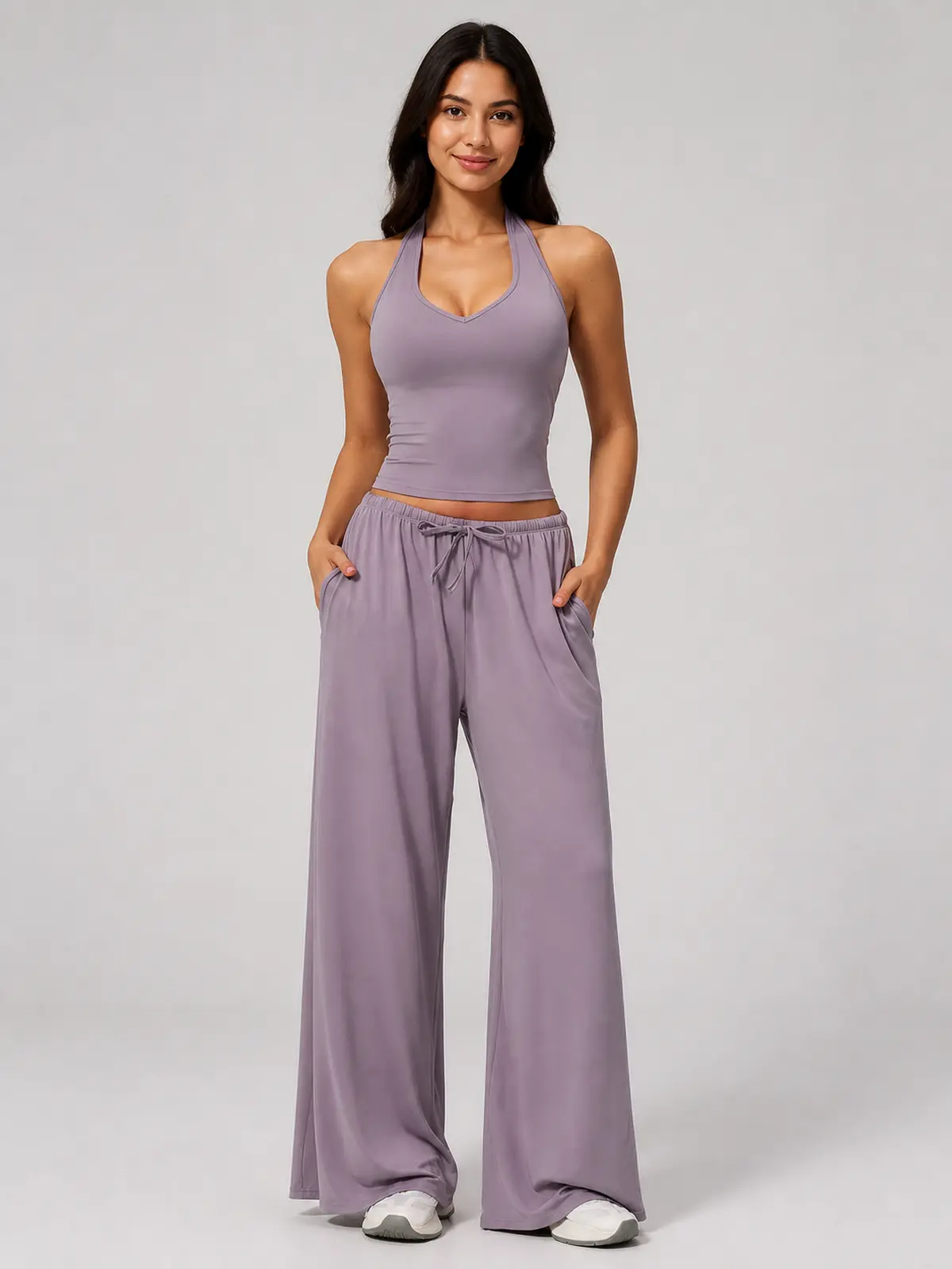 Tide Note Full-Length Drawstring Wide-Leg Pants — smoky purple — authoritative variation match