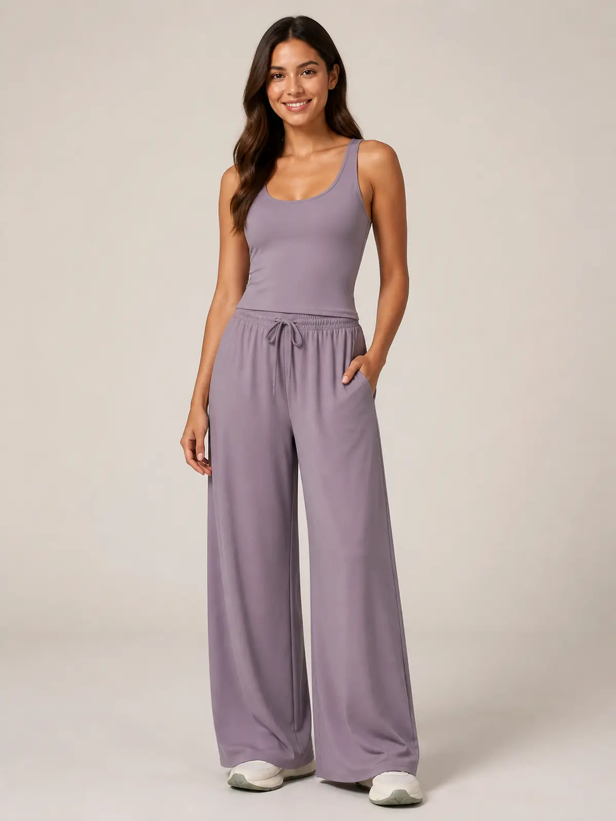 Tide Note Full-Length Drawstring Wide-Leg Pants — smoky purple — authoritative variation match