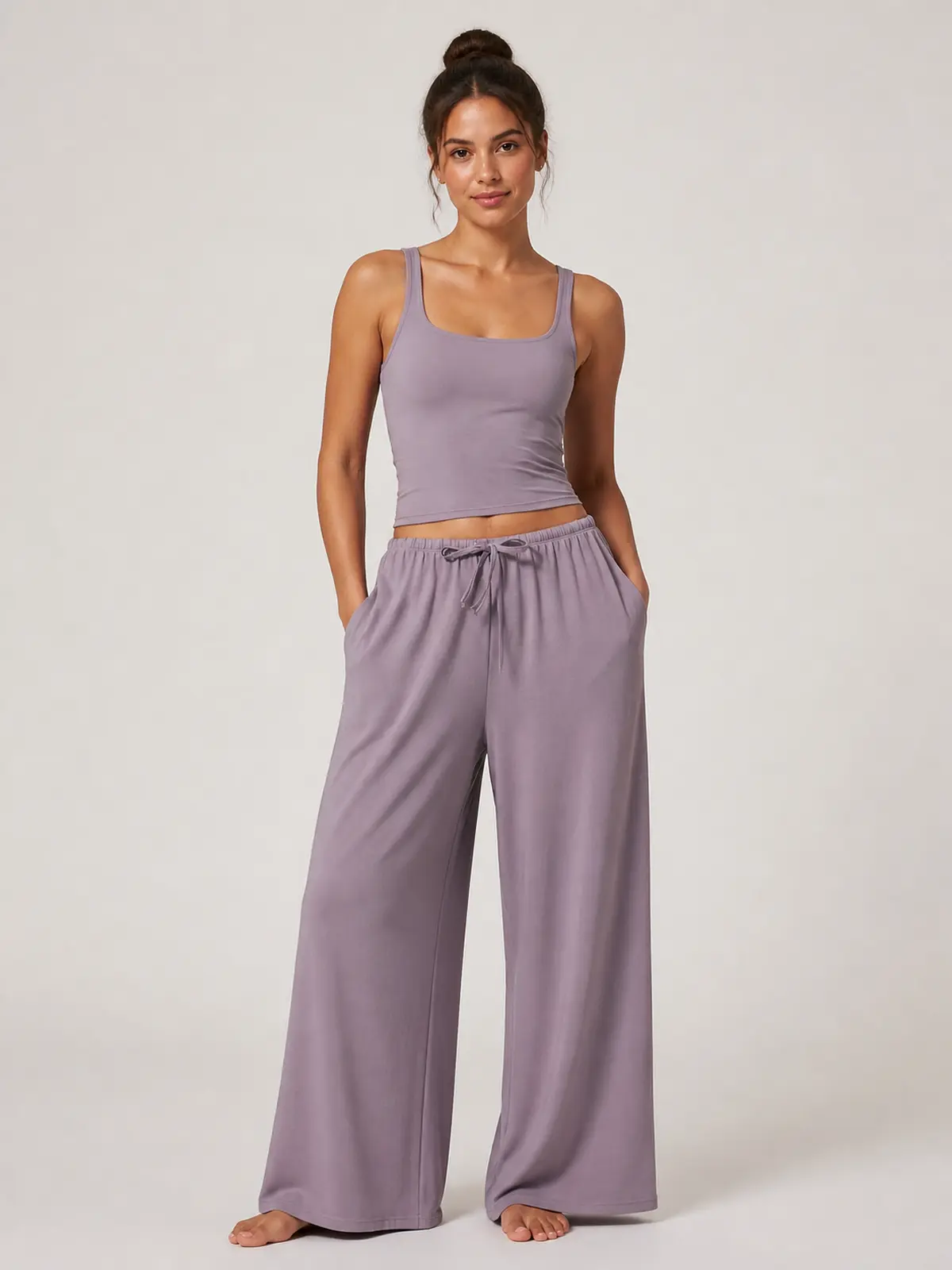 Tide Note Full-Length Drawstring Wide-Leg Pants — smoky purple — authoritative variation match