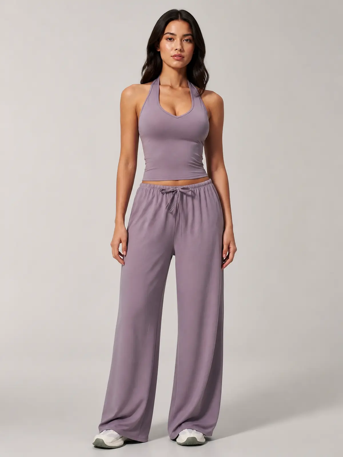 Tide Note Full-Length Drawstring Wide-Leg Pants — smoky purple — authoritative variation match