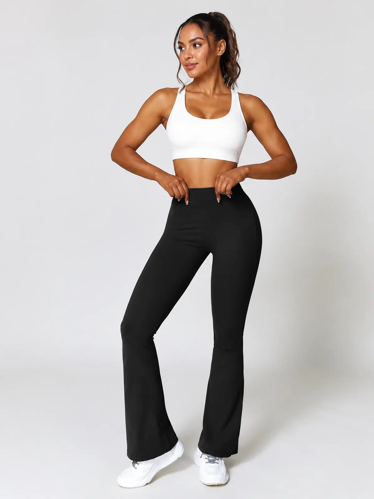 Tideglass Studio High-Rise Ruched Flare Leggings — black — flare-leggings — authoritative variation match