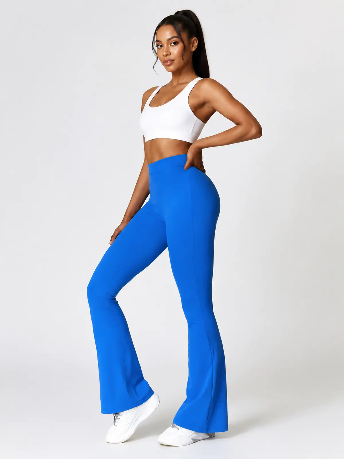 Tideglass Studio High-Rise Ruched Flare Leggings — bright royal blue — flare-leggings — authoritative variation match