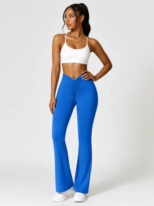 Tideglass Studio High-Rise Ruched Flare Leggings — bright royal blue — flare-leggings — authoritative variation match