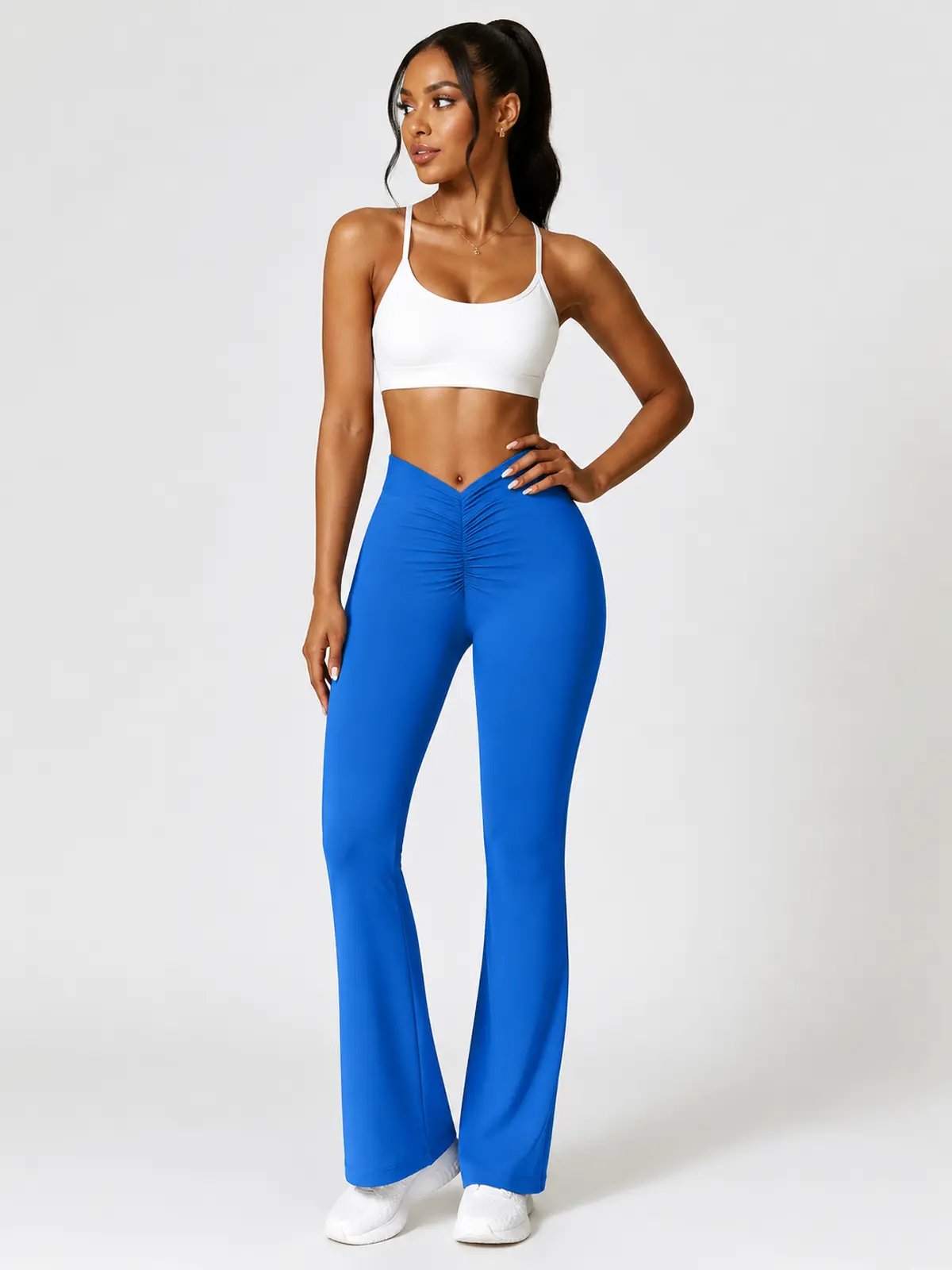 Tideglass Studio High-Rise Ruched Flare Leggings — bright royal blue — flare-leggings — authoritative variation match