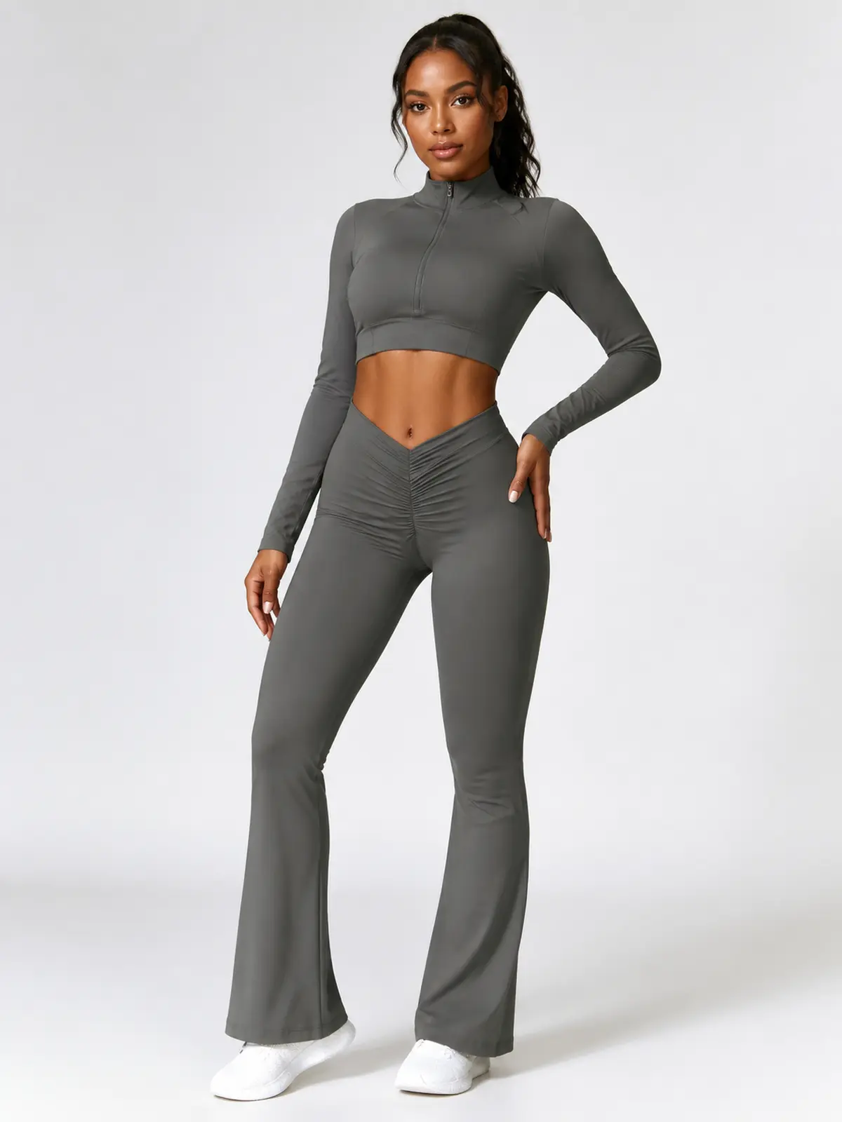 Tideglass Studio High-Rise Ruched Flare Leggings — dark gray — flare-leggings — authoritative variation match