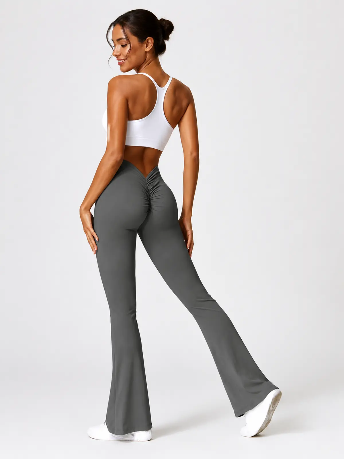 Tideglass Studio High-Rise Ruched Flare Leggings — dark gray — flare-leggings — authoritative variation match