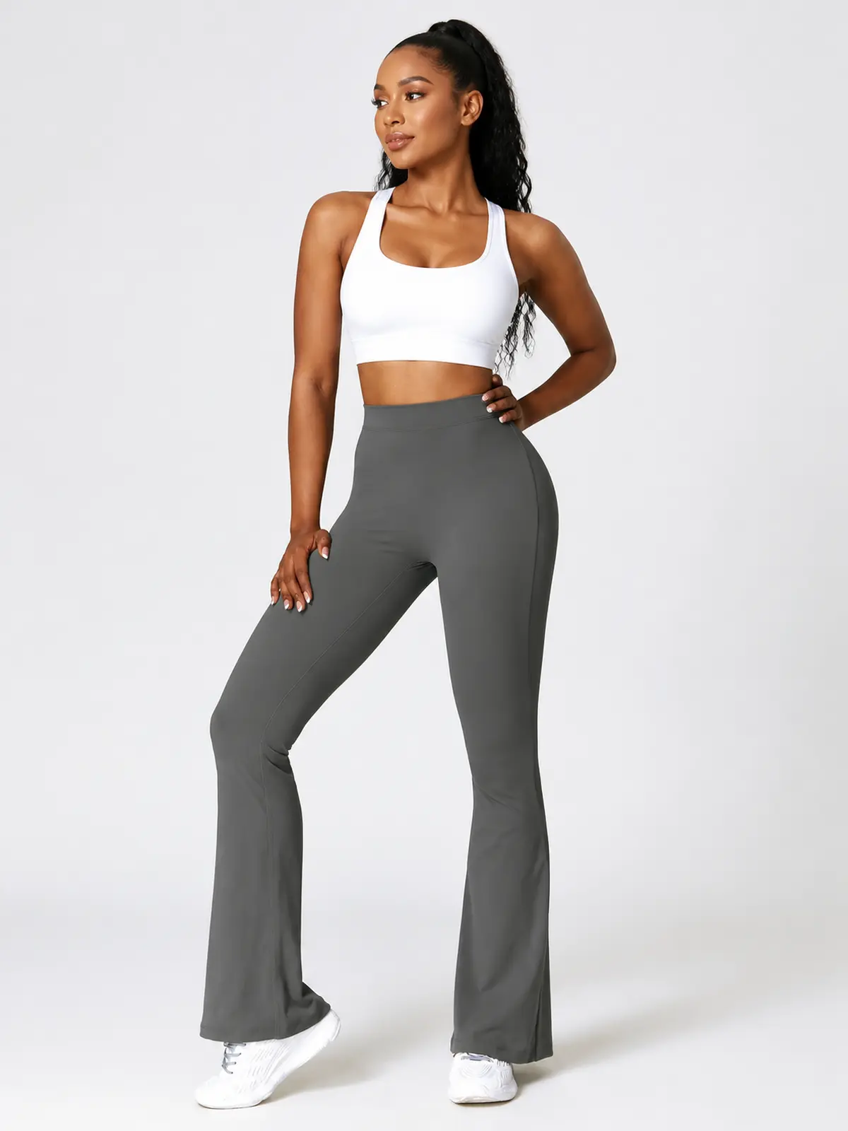 Tideglass Studio High-Rise Ruched Flare Leggings — dark gray — flare-leggings — authoritative variation match