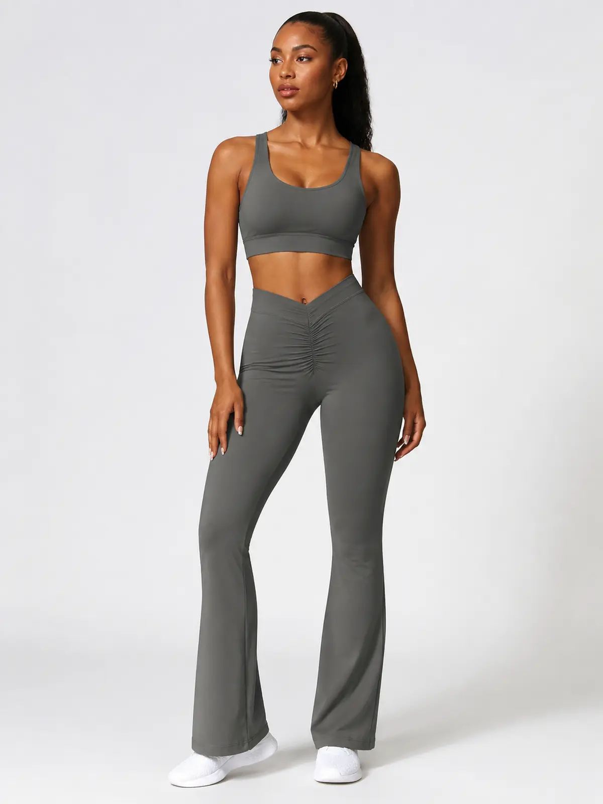 Tideglass Studio High-Rise Ruched Flare Leggings — dark gray — flare-leggings — authoritative variation match