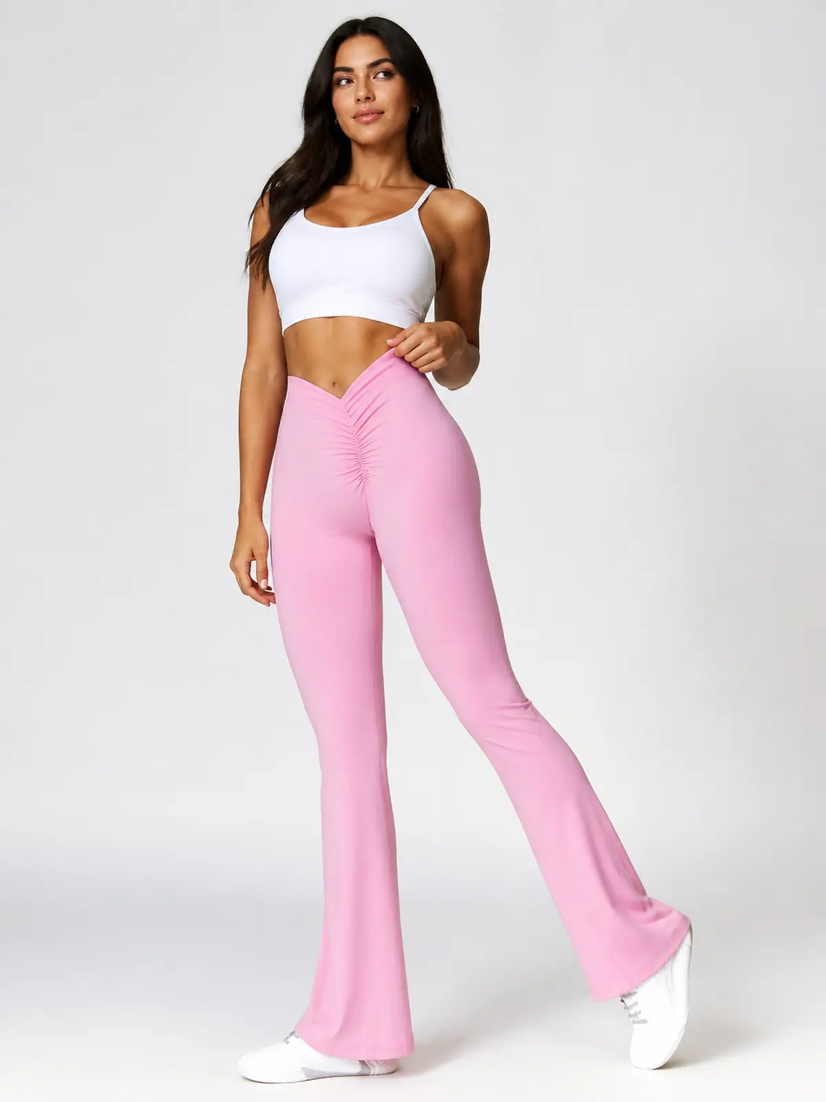 Tideglass Studio High-Rise Ruched Flare Leggings — light pink — flare-leggings — authoritative variation match