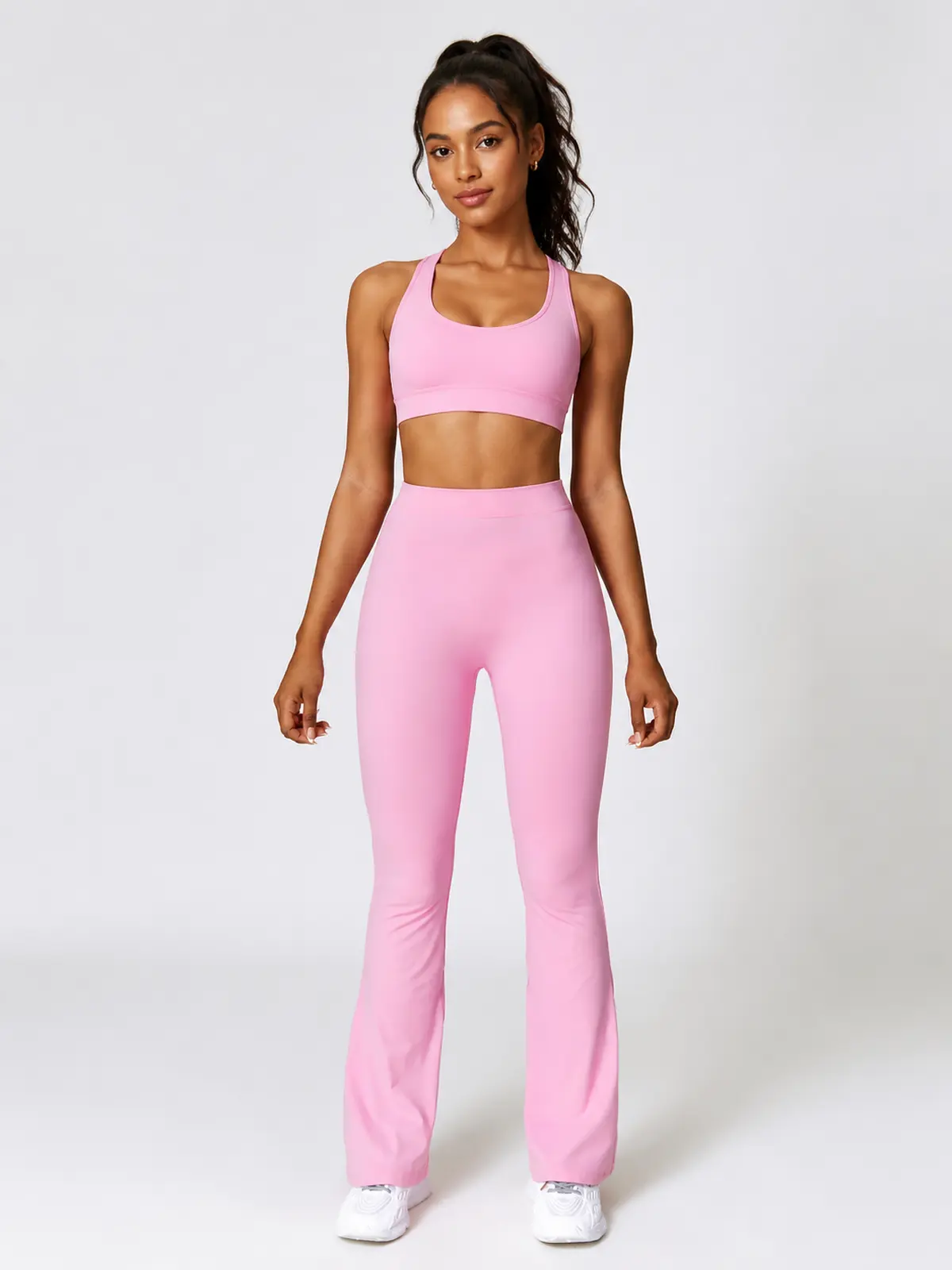 Tideglass Studio High-Rise Ruched Flare Leggings — light pink — flare-leggings — authoritative variation match