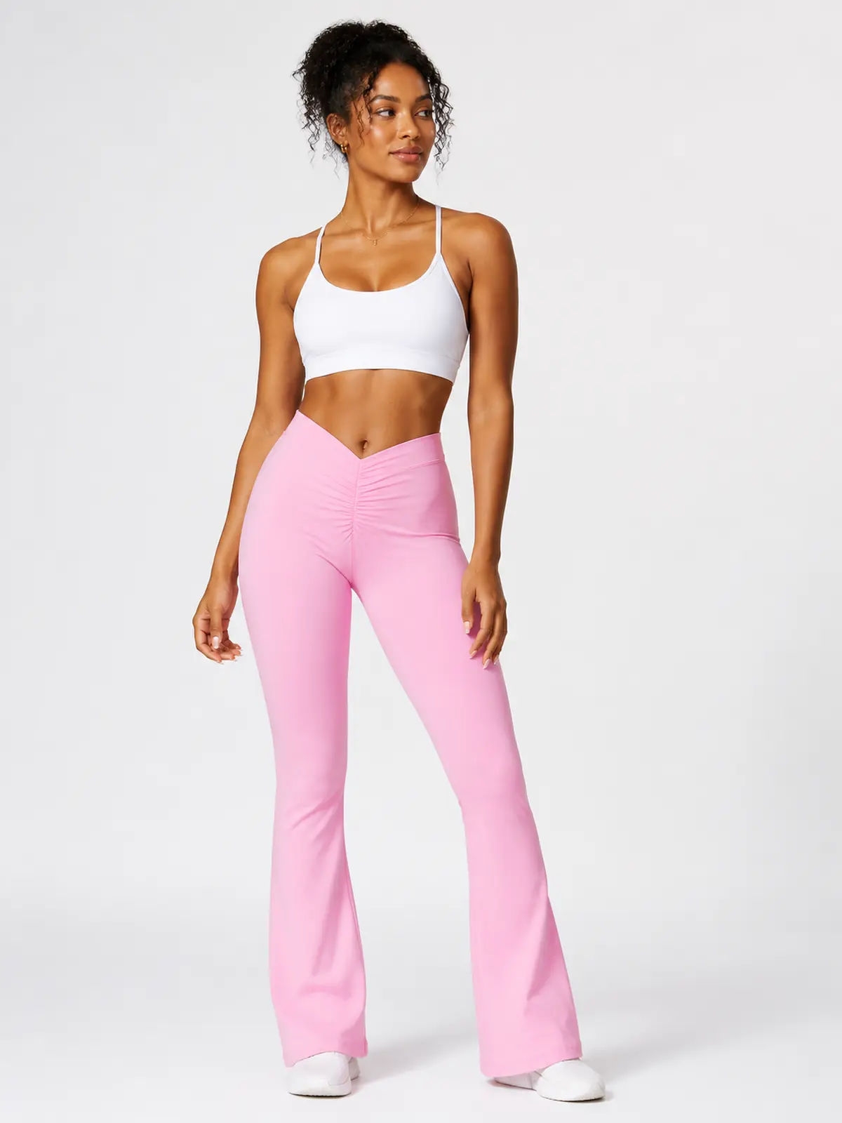 Tideglass Studio High-Rise Ruched Flare Leggings — light pink — flare-leggings — authoritative variation match