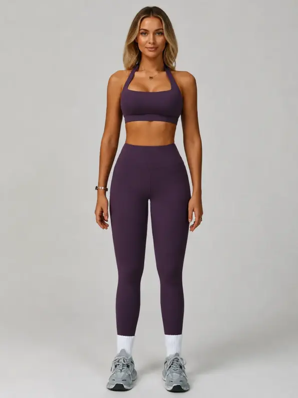 Twill Reverie Square-Neck Sports Bra and Full-Length Leggings Set — dark purple — general — authoritative variation match