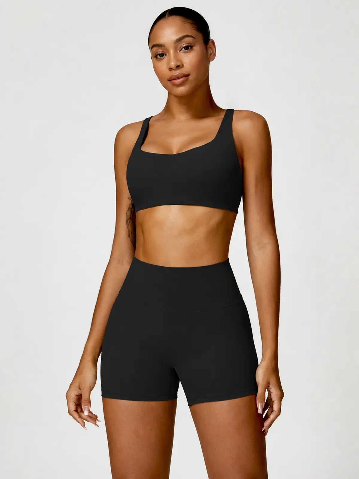 Vellum Drift Curved-Square-Neck Sports Bra and High-Rise Bike Shorts Set — black — general — authoritative variation image