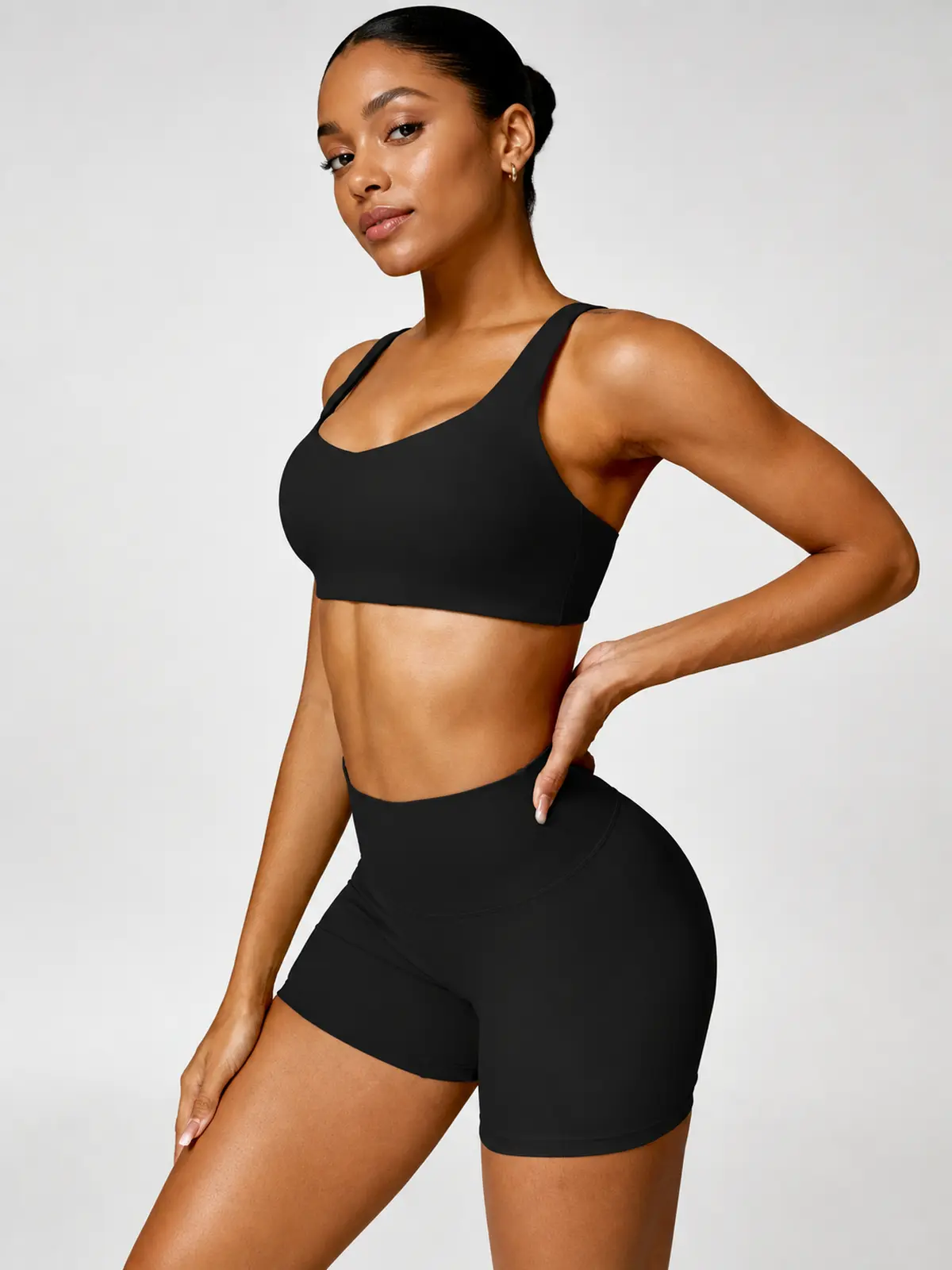 Vellum Drift Curved-Square-Neck Sports Bra and High-Rise Bike Shorts Set — black — general — authoritative variation match