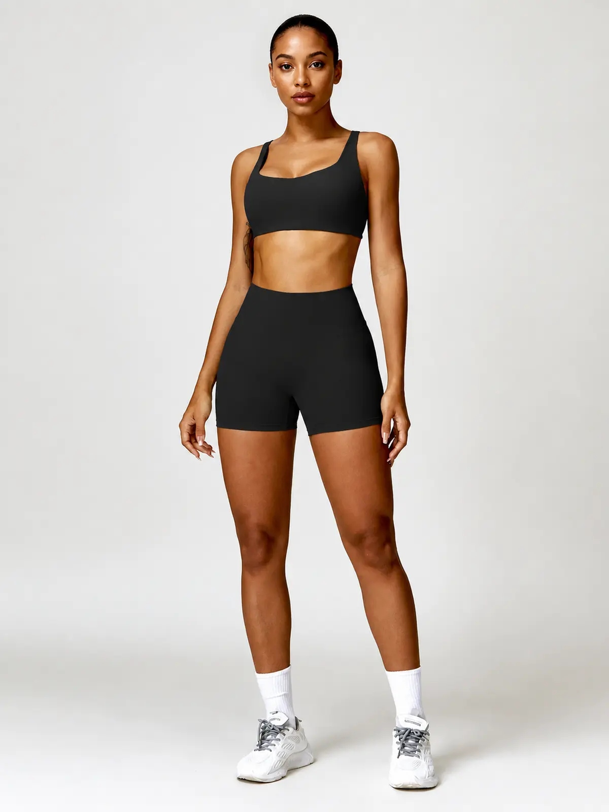 Vellum Drift Curved-Square-Neck Sports Bra and High-Rise Bike Shorts Set — black — general — authoritative variation match
