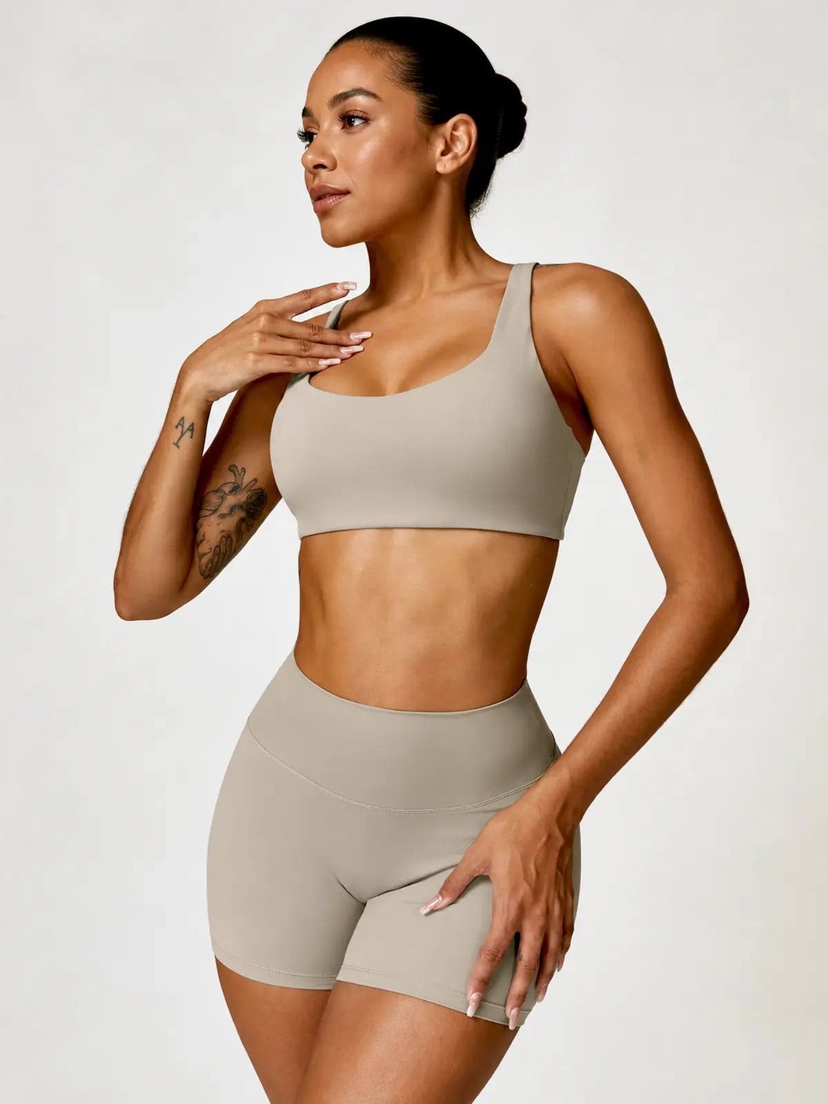 Vellum Drift Curved-Square-Neck Sports Bra and High-Rise Bike Shorts Set — camel brown — general — authoritative variation match