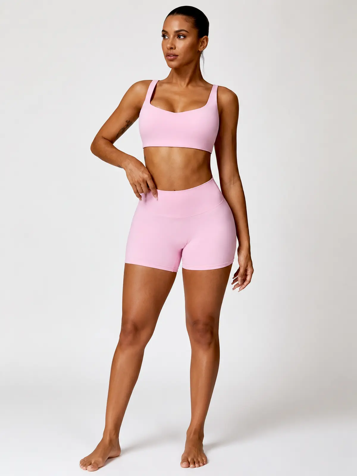 Vellum Drift Curved-Square-Neck Sports Bra and High-Rise Bike Shorts Set — light pink — general — authoritative variation image